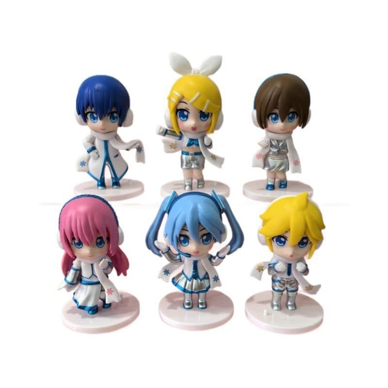 6 tipos de figuras Hatsune em versão Q com base branca, bonecos gashapon fofos, decorações para bolos e para mesa.