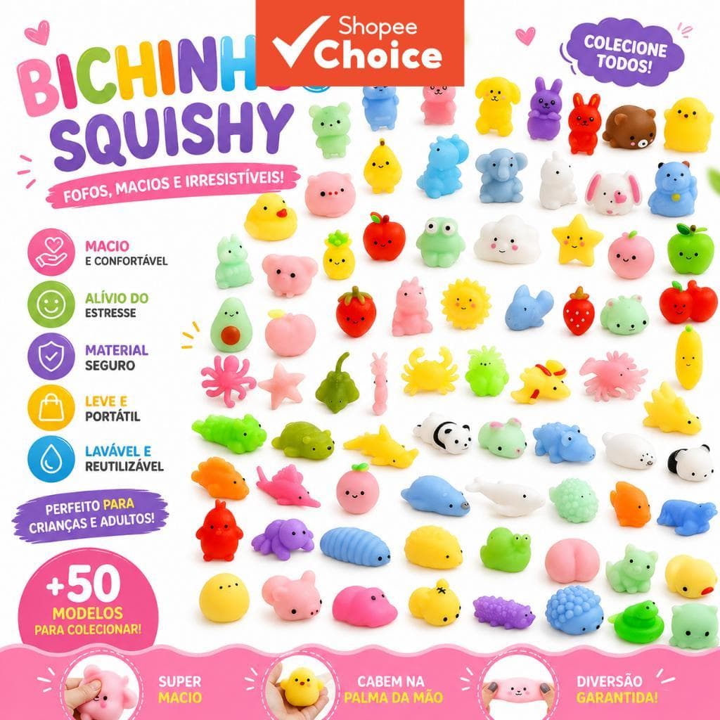 Conjunto Squishy Mochi Bichinhos com 100 peças. Macio, resistente à compressão, ideal para lembrancinhas e decoração.