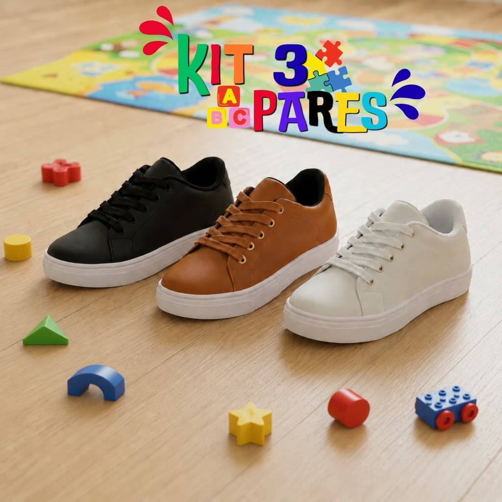 Kit Combo 3 Pares Tênis Infantil Masculino Casual Leve Macio Para Escola e Passeio Várias Cores