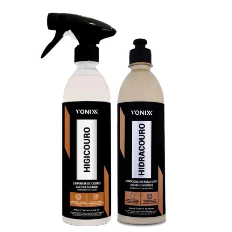 Kit Couro Vonixx Higicouro Hidracouro 500ml Limpa Hidrata Protege Bancos Sofá Cadeiras Couro