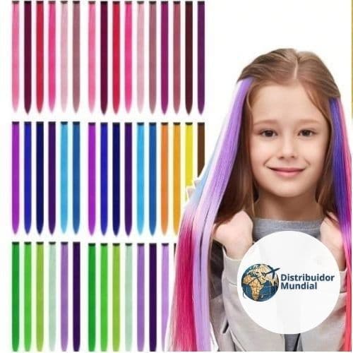 Kit 06 Mechas Coloridas com Tic Tac Cabelo Sintético Aplique 55 cm Acessórios Menina Moda Infantil Xuxinha Elástico