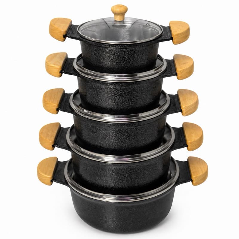 Jogo de Panelas Grossa 5 peças em alumínio batido Fundido Preto alça inteiriça T/Vidro LINHA/PREMIUM