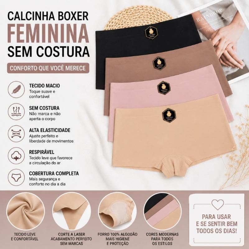 Kit 2/3/4 Calcinhas Boxer Sem Costura Feminina Confortável e Respirável