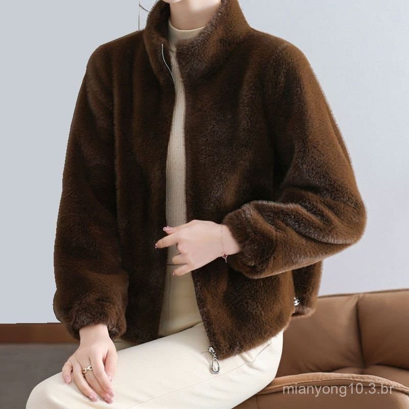 Jaqueta de lã de vison feminina inverno novo estilo forro de lã engrossado gola alta moletom Cross-B