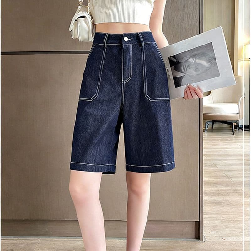 Tamanho grande estiramento cortado Jeans de perna larga feminino verão fino cintura alta solto mais magro olhar pequeno