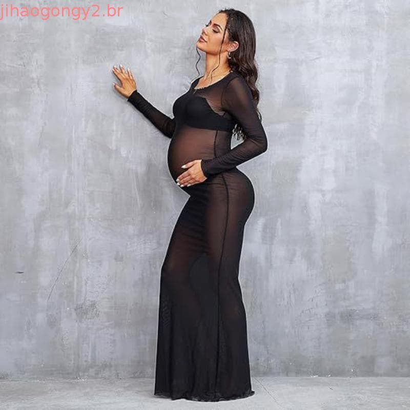 Vestido Longo Elegante de Malha com Mangas Compridas para Gestantes, para Casamento, Festa e Fotografia R5096