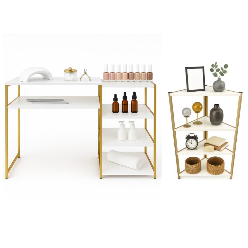 Mesa Profissional para Manicure 1,10 m com Prateleiras + Armário de Canto Decorativo