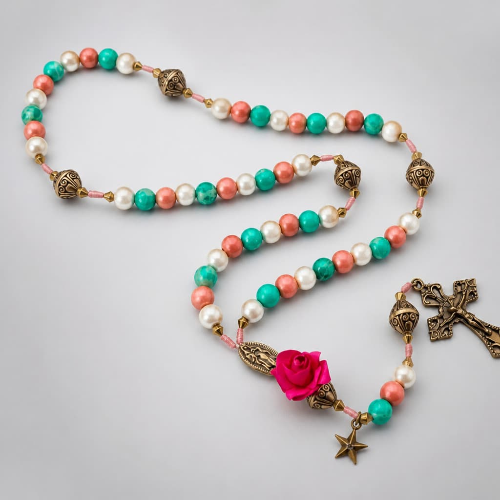 Terço Nossa Senhora Guadalupe Medalha Bronze Flor Colorida