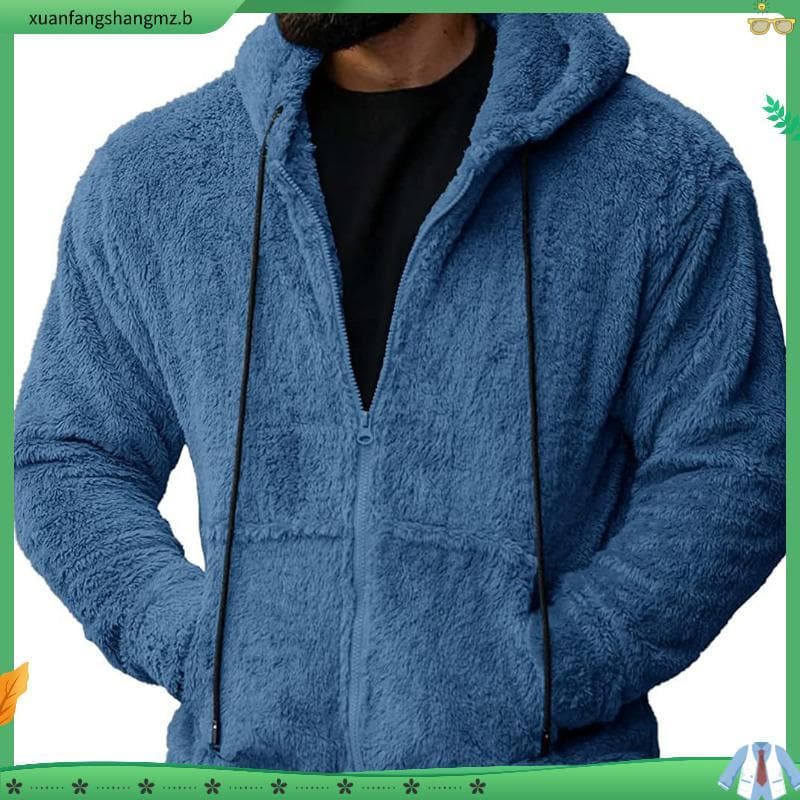 Casaco Teddy Peludo Masculina Com Capuz e Zíper Cor Lisa Jaqueta de Frio Outono/Inverno Grosso Quente Manga Longa