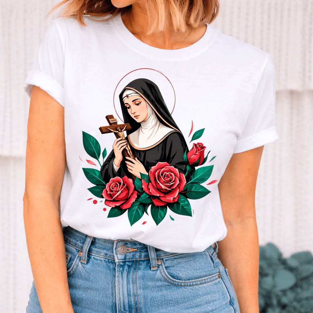 Camiseta Santa Rita de Cássia Feminina Estampa Religiosa Católica 100% Algodão