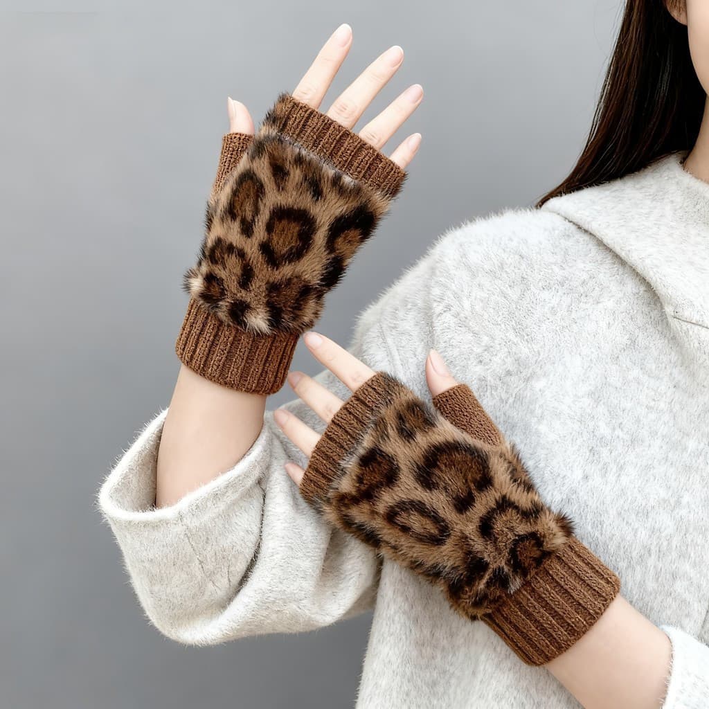 Novas luvas femininas sem dedos com estampa de leopardo para o outono e inverno, design curto, quentes e elegantes.