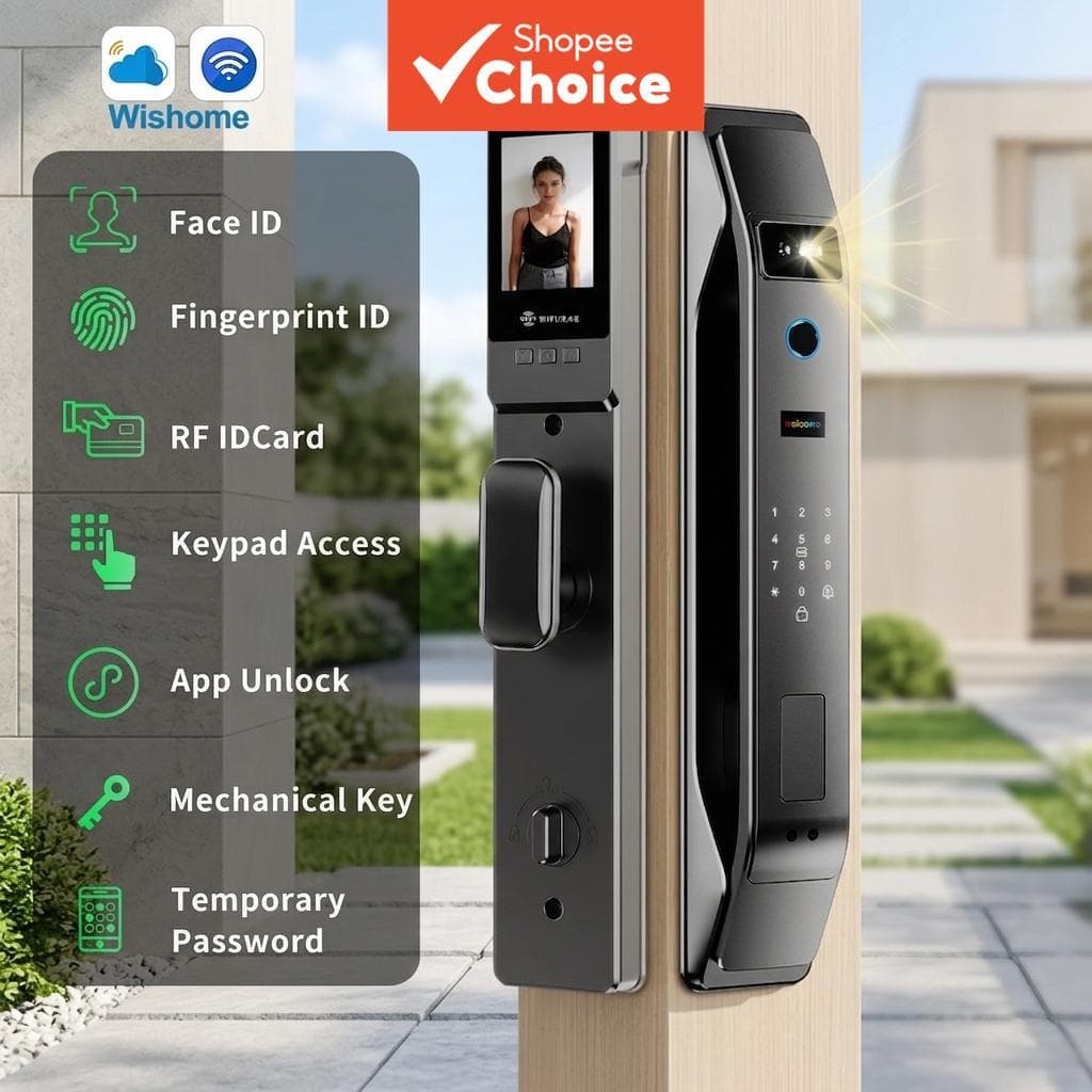 Fechadura Digital Inteligente Wi-Fi com Reconhecimento Facial e de Palma, compatível com o app Wishome para desbloqueio