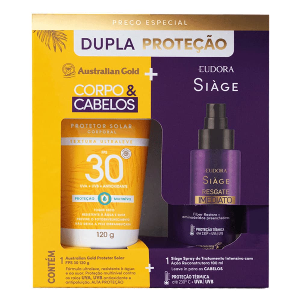 Kit Protetor Solar Corporal Australian Gold FPS 30 120g + Leave-in Capilar Eudora Siàge Resgate Imediato 100ml