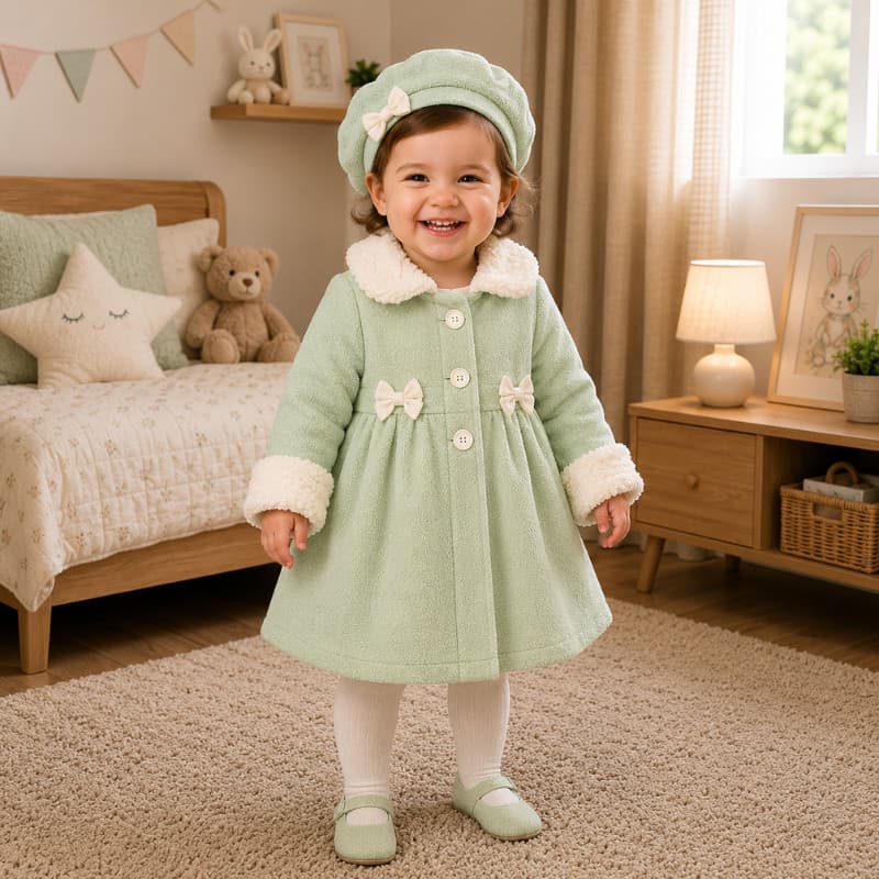 Sobretudo Bebê Feminino Soft com Boina e Gola Peluciada Estiloso Premium Outono Inverno