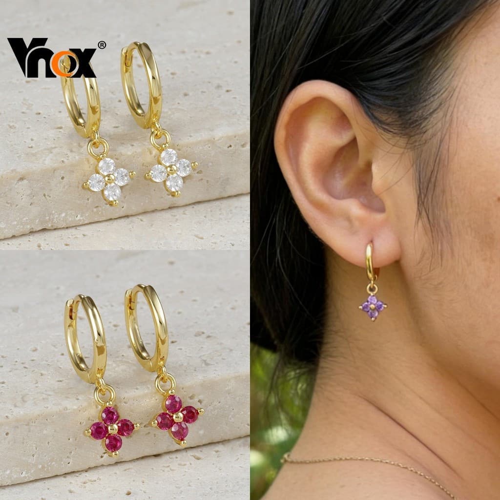 Brincos de zircônia em formato de trevo de quatro folhas Vnox, acessórios de joalheria em ouro 18K, trazem boa sorte pa