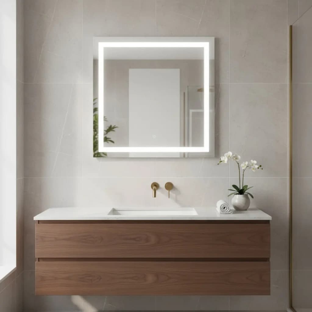 Espelho Com Led Jateado Quadrado Sala Banheiro 50x50 Cm Luxo