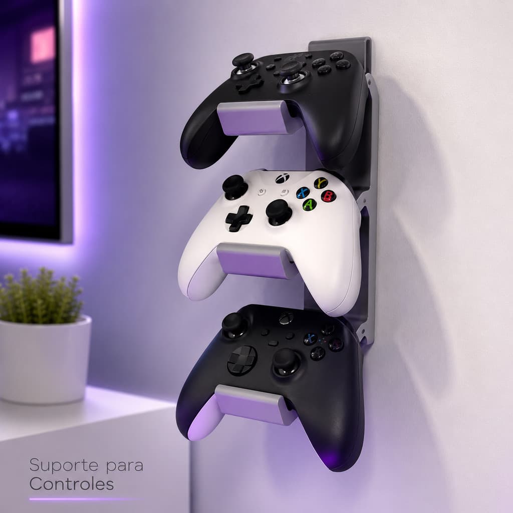Suporte de Parede para 3 Controles Gamer | Organizador para Xbox, PS4, PS5 e Switch | Impressão 3D