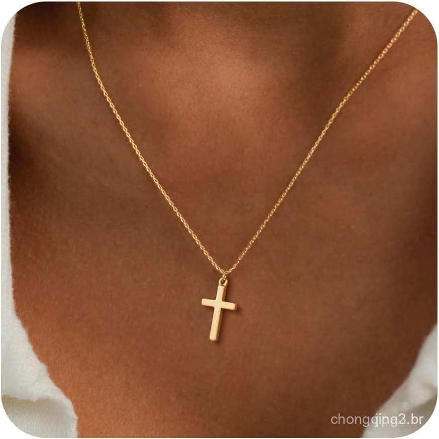 Colar de Cruz Poxtex para Mulheres e Adolescentes, Exquisito Colar de Cruz Banhado a Ouro 14K e Prata, Não Oxidável