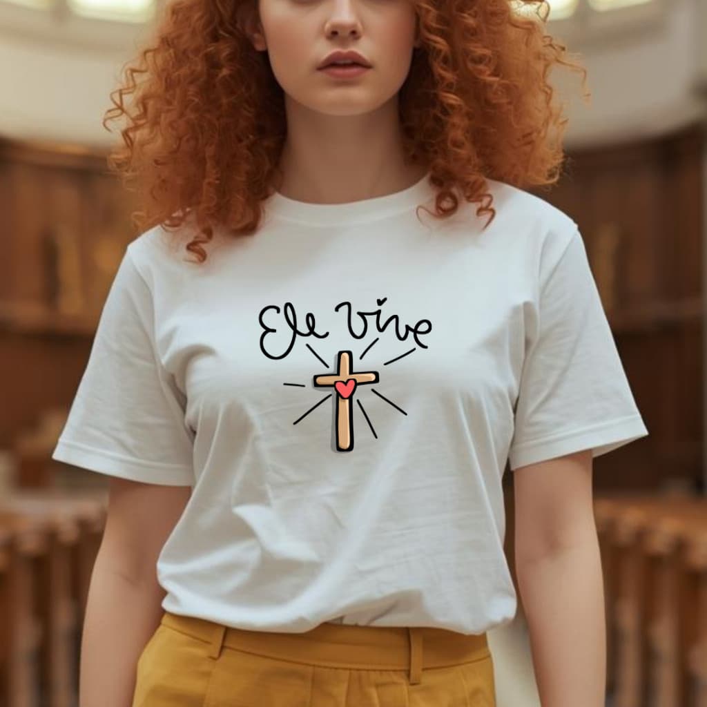 Camiseta Adulto Páscoa ELE VIVE  [est.1] Cruz Coração Jesus Ressurreição ZLprint