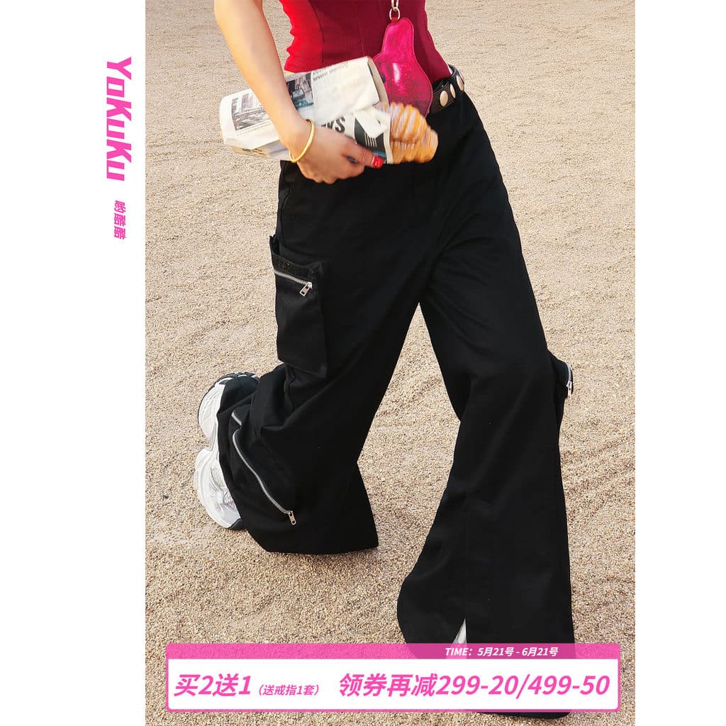 Yocool (One Thousand One Nights Overnight) Nicho Design Multi-bolso Calça Casual Feminina Macacão Retro Americano Femini