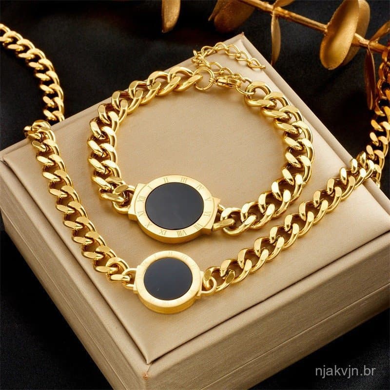 Fedsolife Conjunto de joias pulseira colar moda banhado a ouro retrô corrente grossa placa romana