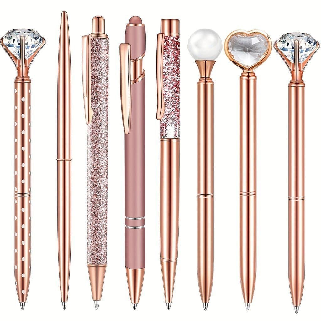 Conjunto De Canetas Esferográficas Com Glitter Em Ouro Rosa-Design De Cristal De Metal Areia Líquida Tinta Preta (Presen