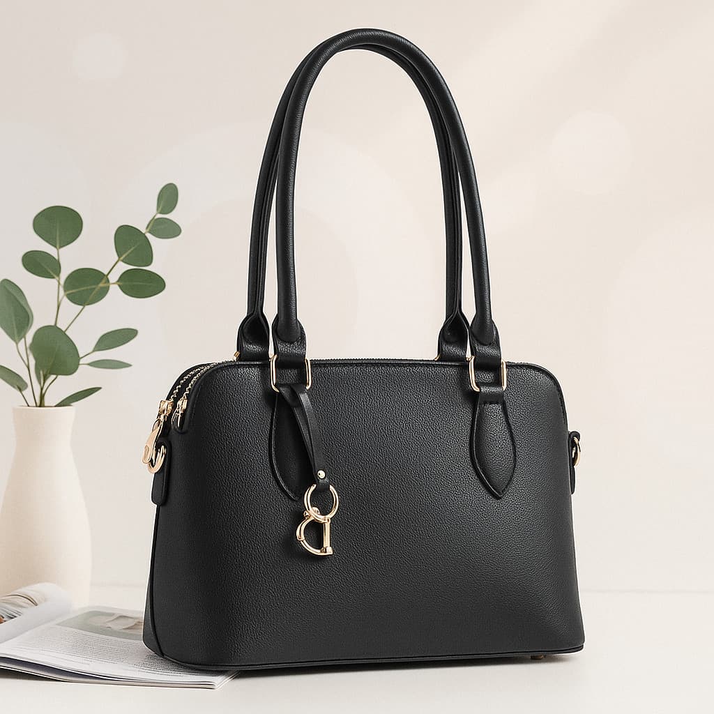 Bolsa Feminina de Ombro Transversal Elegante em Couro Sintético Preta Grande Espaçosa 1103