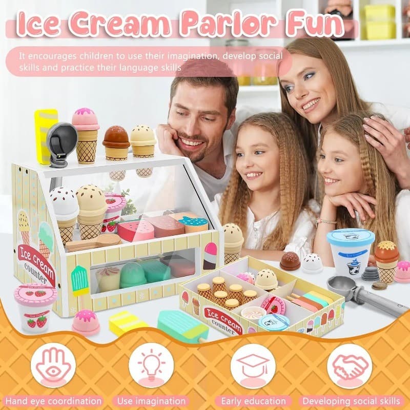 Conjunto De Contador De Sorvete De Madeira Para Brinquedos De Criança , Montessori Fingir Jogar Comida Acessórios De Coz