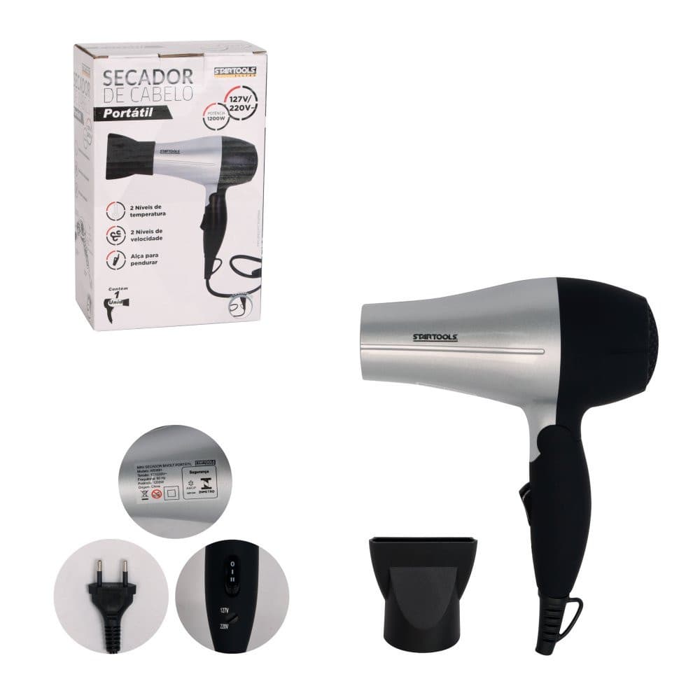 Secador de Cabelo Portátil 1200W Bivolt - Cinza