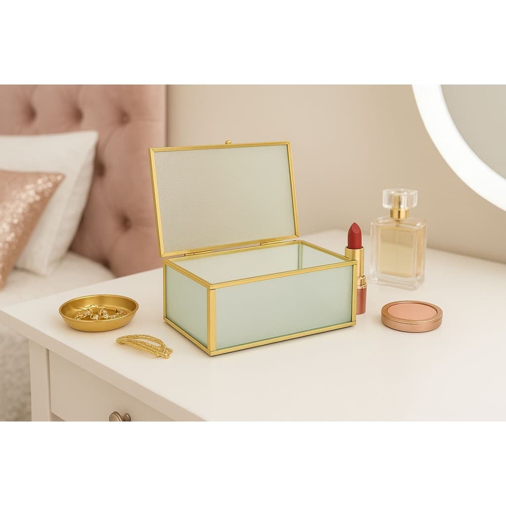 Caixa Organizadora Decorativa Porta Joias de Vidro Jateado e Ferro 17cm x 10,5cm - Moment