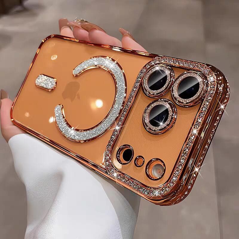 Nova Laranja Magnética Glitter Diamante Magsafe Caso Para iPhone 17 16 15 14 13 Pro Max Lente Proteção Capa