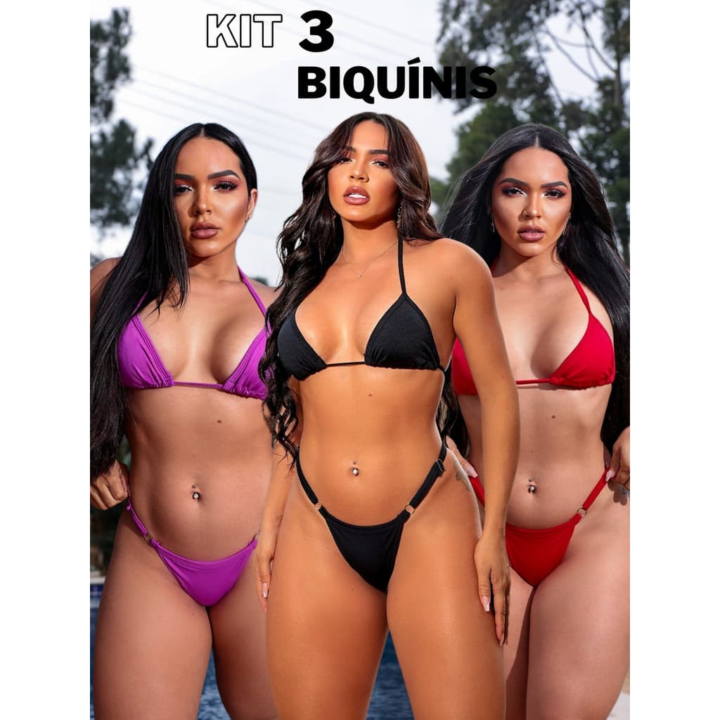 Kit 3 Biquínis Fio Dental Fita Cortininha Bronze Moda Praia