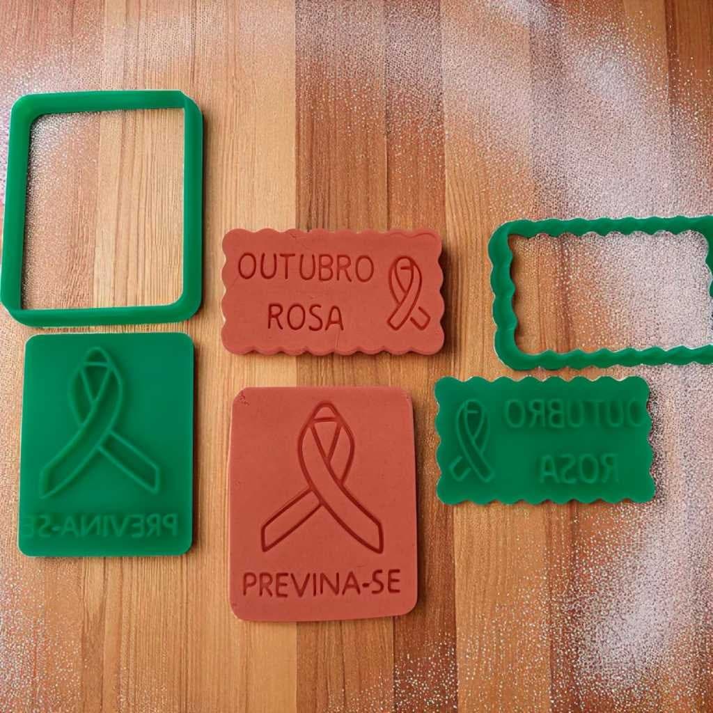 ️OUTUBRO ROSA Cortador e Marcador Carimbo para Cookies e Pasta Americana Kit 2 pçs Confeitaria com Causa