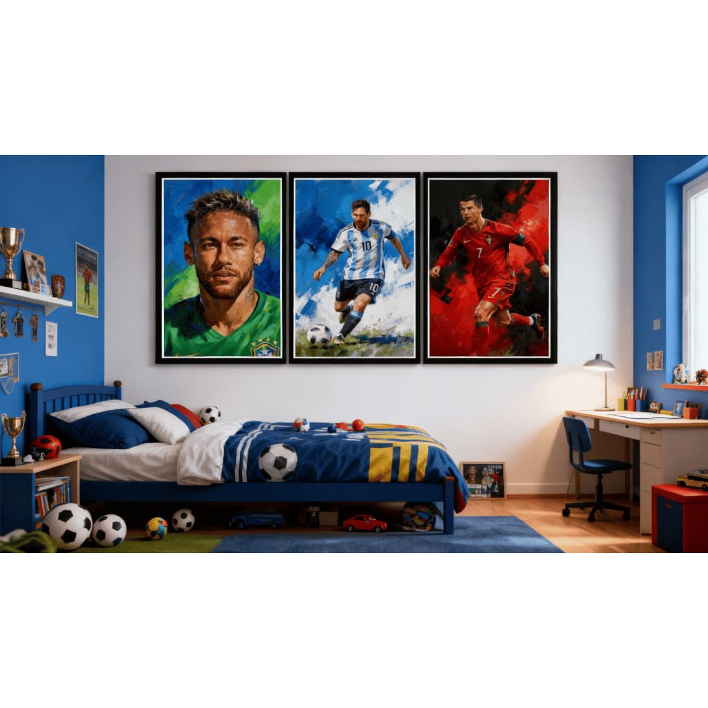 Quadro Decorativo Jogadores da Seleção Neymar Messi Cristiano Ronaldo Colorido Vibrante