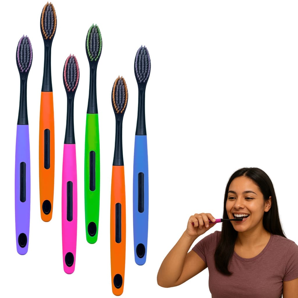 Kit Com 6 Escovas Dental Adulto Com Capa Protetora E Limpador De Lingua