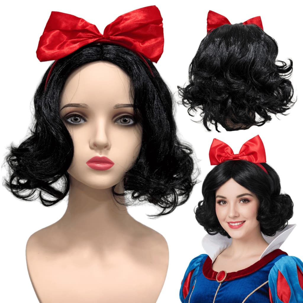 Peruca Branca de Neve preta curta tiara arco laço vermelho