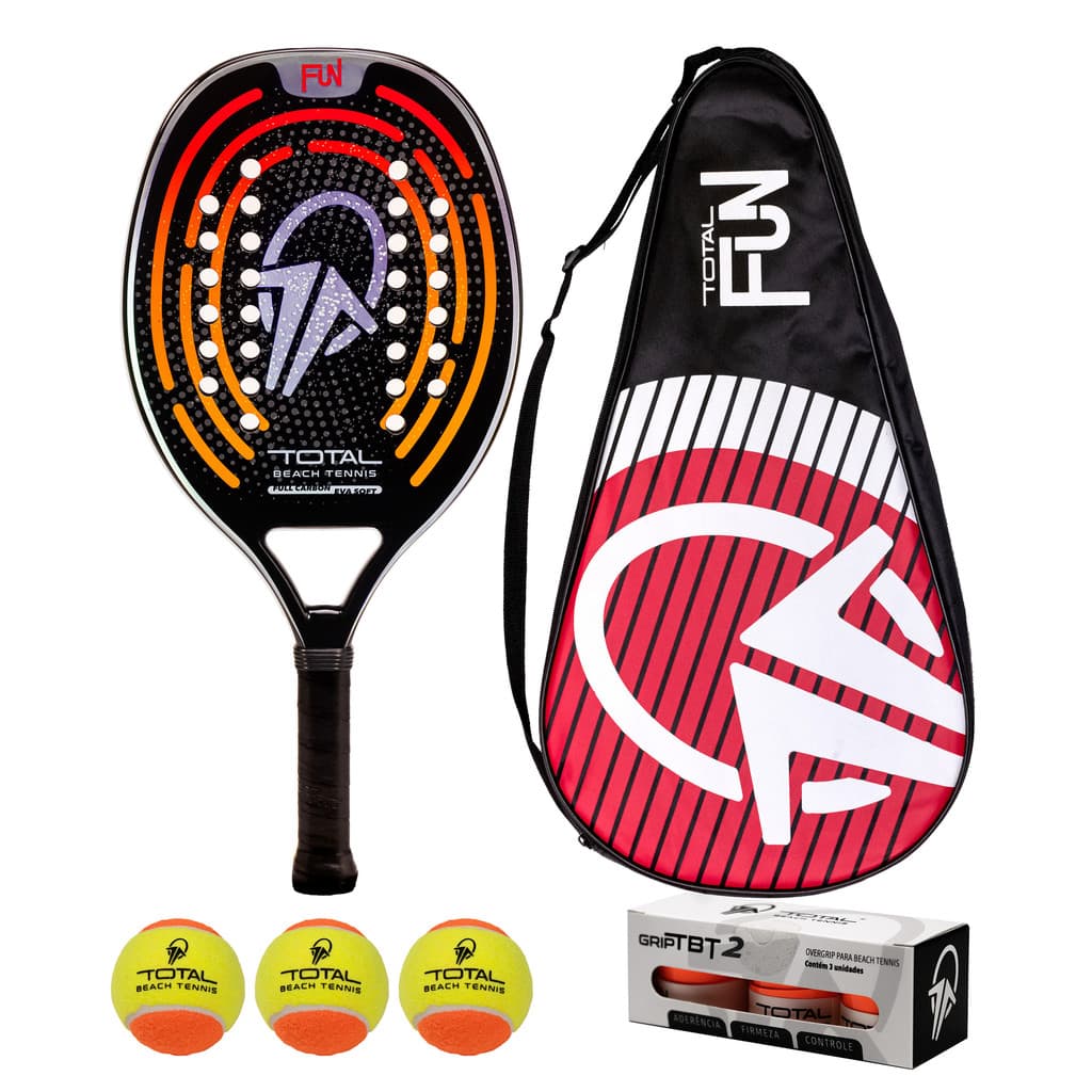 Kit Raquete de Beach Tennis Carbono Total Fun 2025 + 3 Bolas + 3 Grips + Fita + Capa