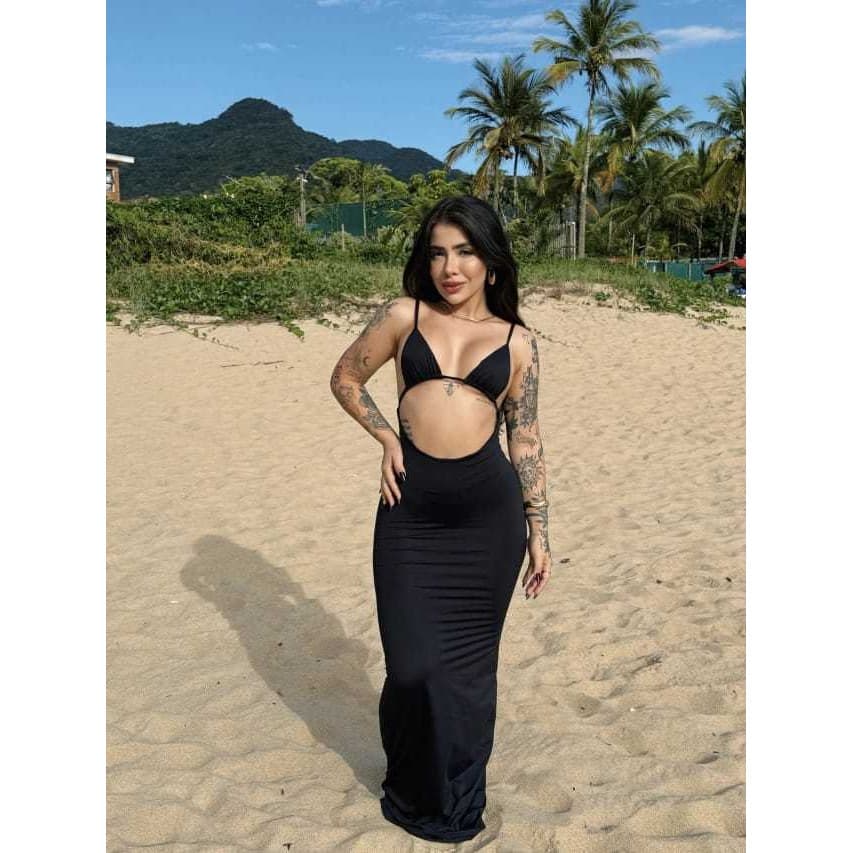Vestido Feminino Longo Com Decote Verão Moderno Suplex Liso Preto