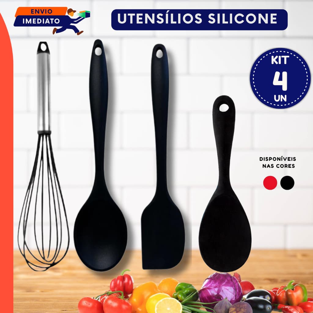 Colher Silicone ou Jogo Silicone Colheres Batedor de Ovos Espátula Pão Duro Preto ou Vermelho