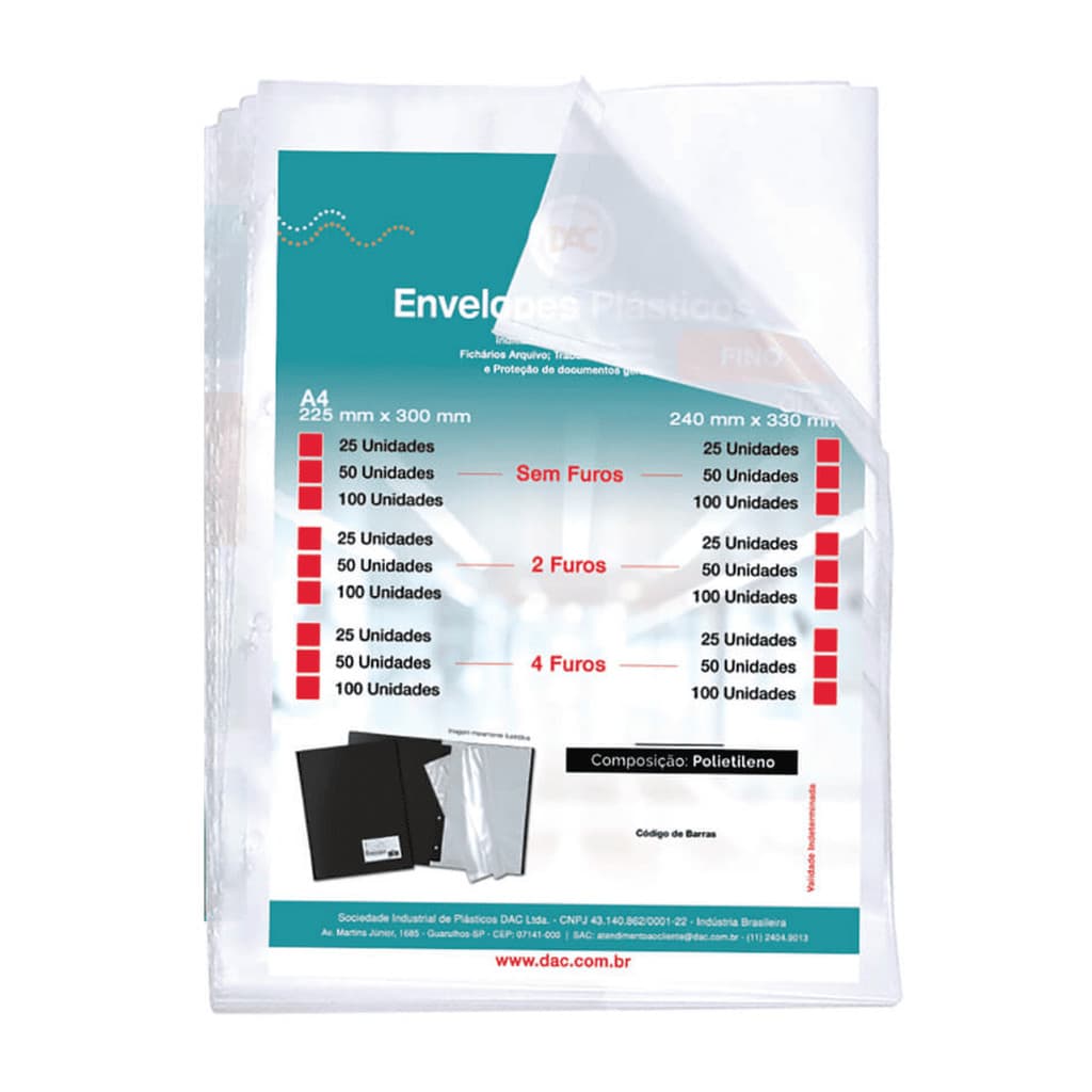 ENVELOPE PLASTICO OFICIO SEM FURO 24X33CM FINO COM 50UN DAC