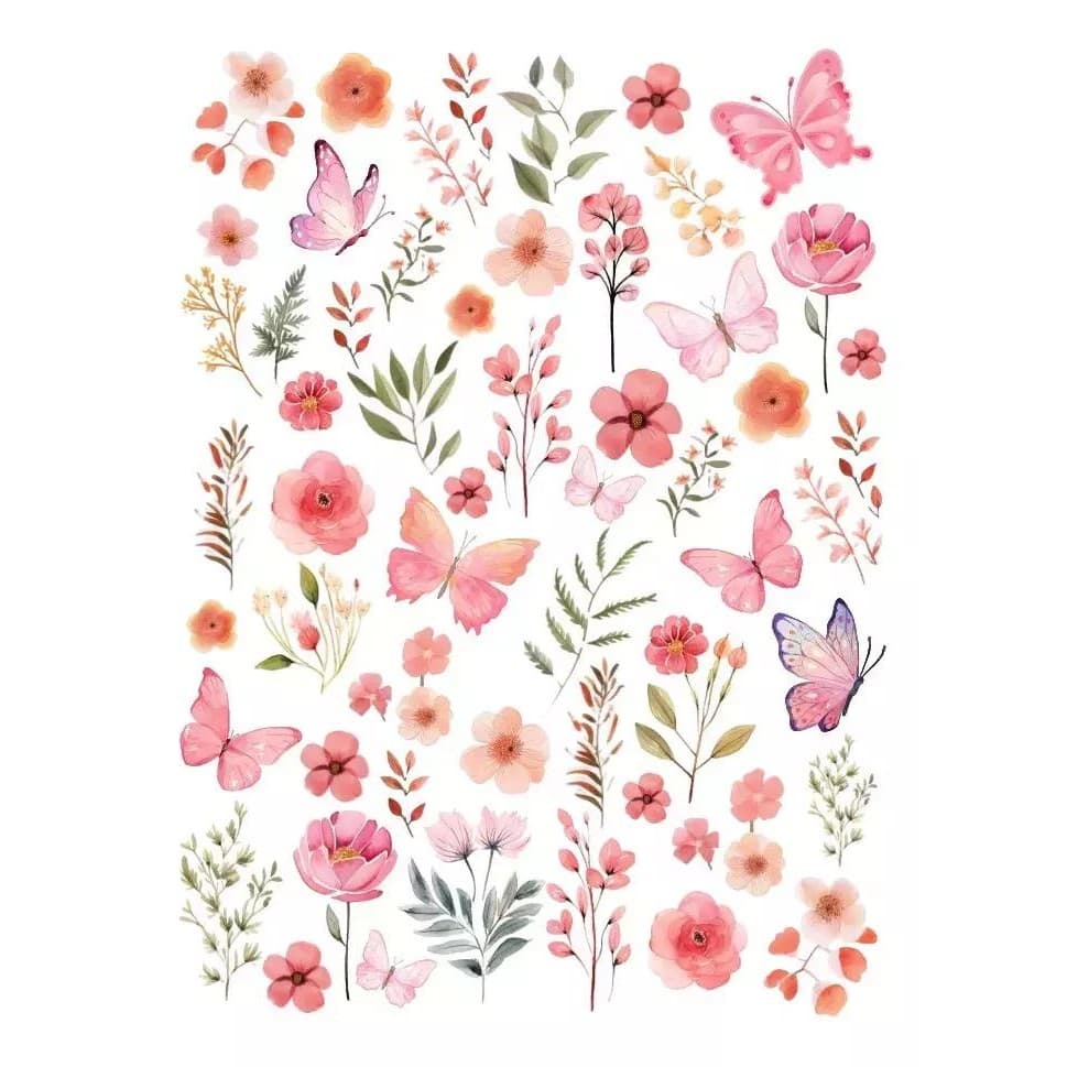 Decalque Hidro Transfer - Flores e borboletas mix pink