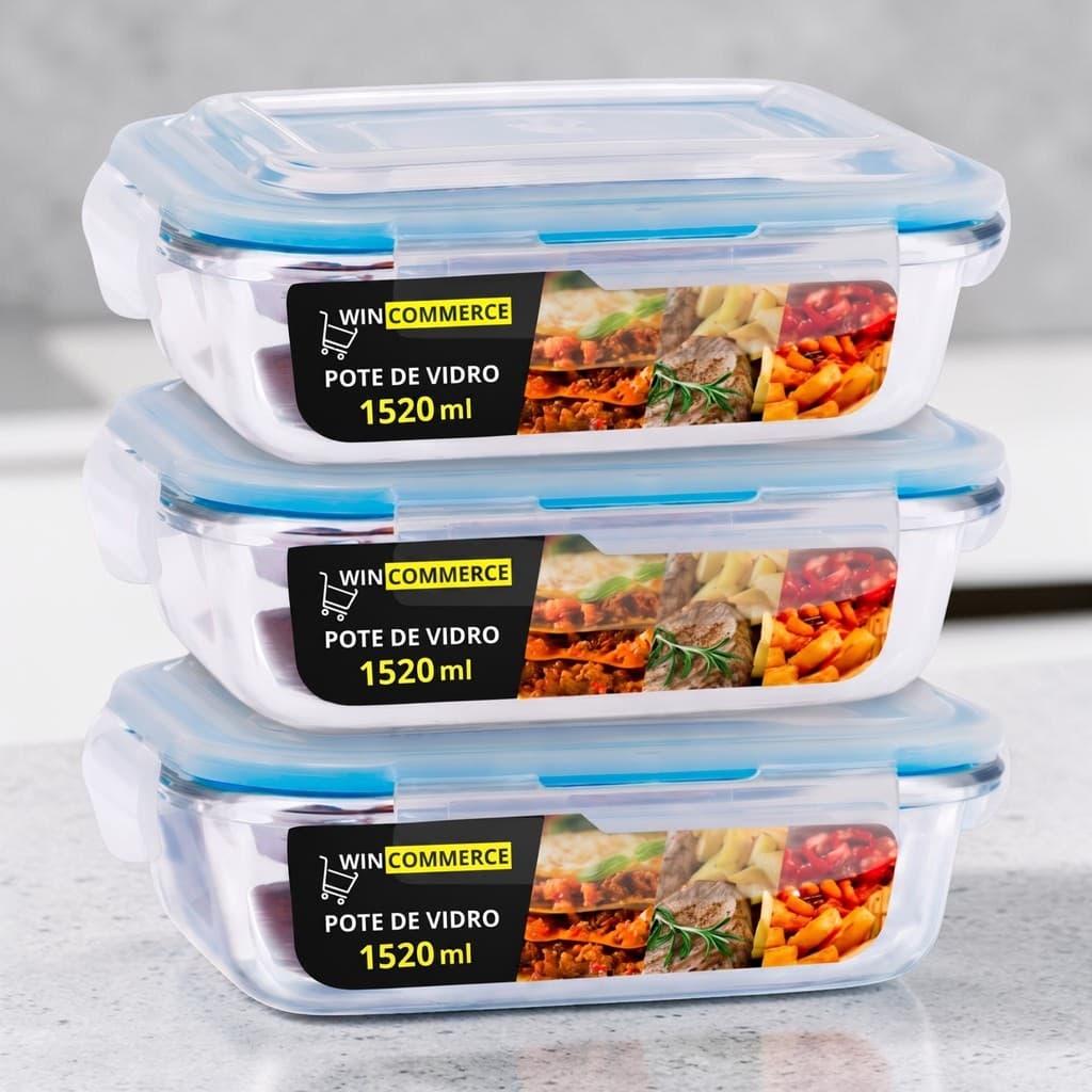 Kit 3 Potes De Vidro Hermético 1520ml Com Trava Vedação Para Mantimentos Alimentos Cozinha