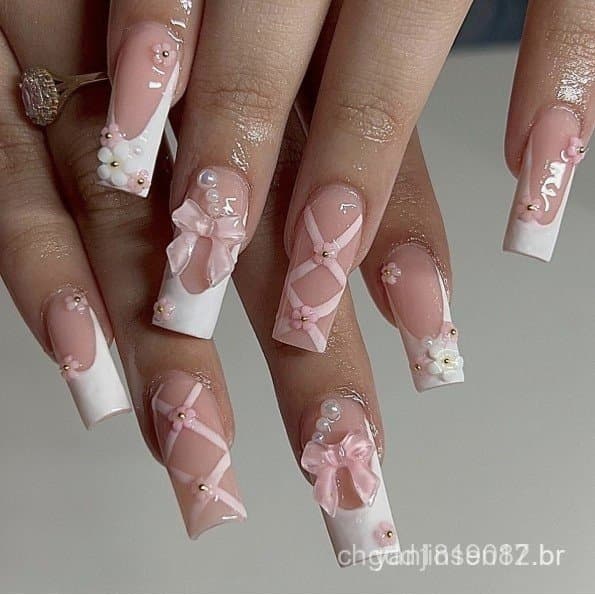 kit Unhas Postiças decoradas realista bailarina francesinha Com Cola Ibbon Pearl Nails Press on unha Falsas
