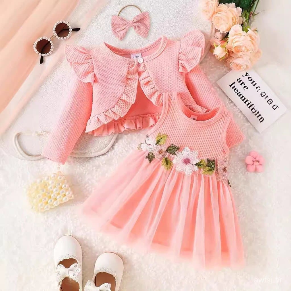 3-24M Vestidos De Bebê Rosa Doce Waffles Casaco E Flor Bordado Vestido Para Recém-Nascidos Meninas Conjunto De Roupas Cr