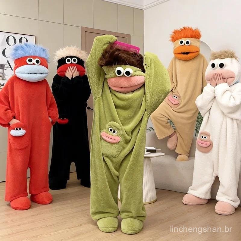Pijama Macacão Fofo Monstro De Boca Grande , Engrossado De Lã Coral , Desenho Animado , Roupa De Casa Engraçada Para Cas