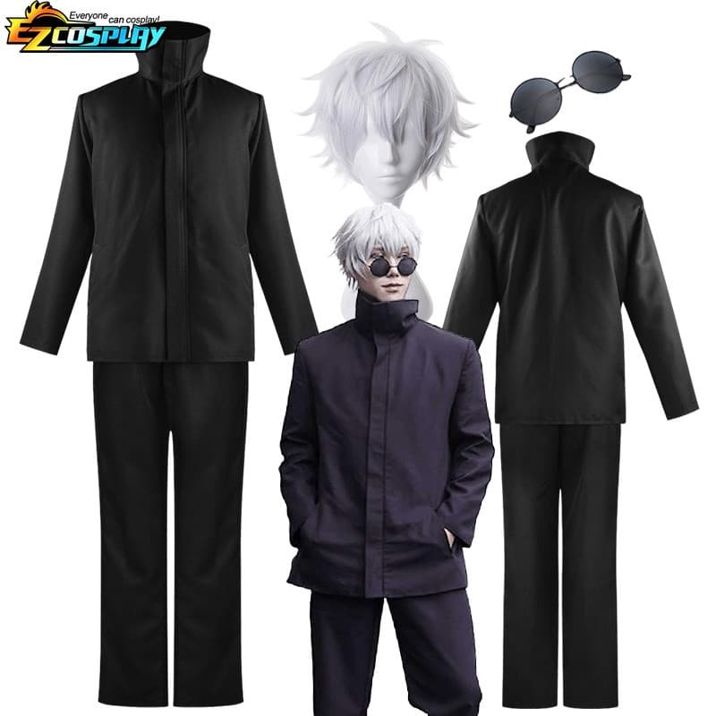 Fantasia de Cosplay do Anime Jujutsu Kaisen Gojo Satoru, Uniforme Preto, Peruca, Traje de Halloween para Homens W2IP
