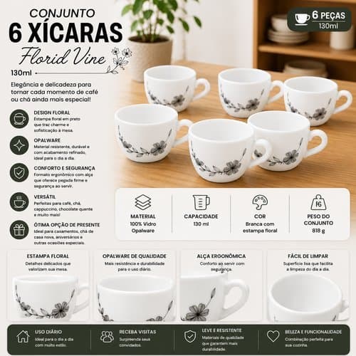 Conjunto 6 Xicaras Cafe Porcelana 130ml Branco Florid Design Floral Delicado