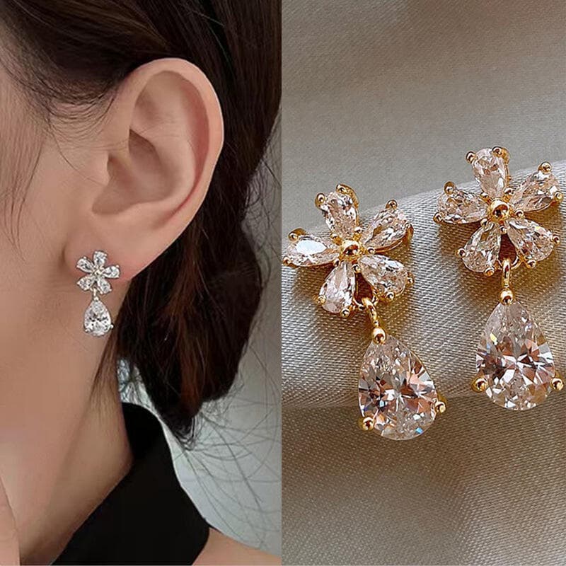 Brincos De Gota De Zircônia Flor Para Mulheres , Elegantes De Lágrima Pendurados Presente De Festa De Casamento