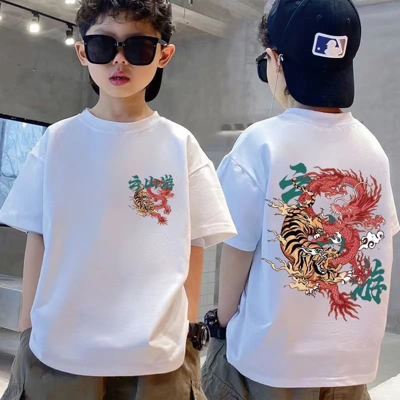 Meninos camiseta de manga curta roupas de verão 2025 novo estilo infantil nacional na moda roupas infantis puro algodão