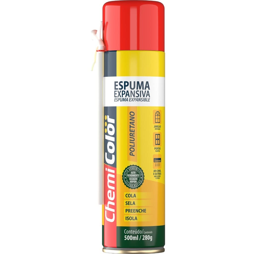 Espuma Expansiva Chemicolor 500ml 280g Cola Selante Vedação Fixação Isolamento Porta Janela Telhado